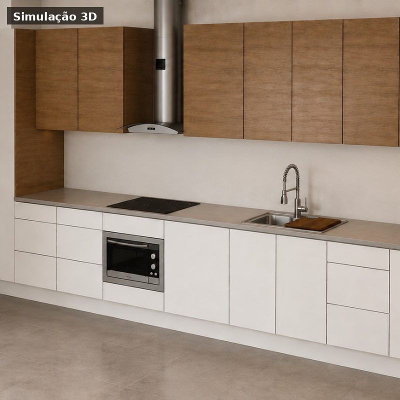 Projeto 3D de cozinha por medida em branco e madeira